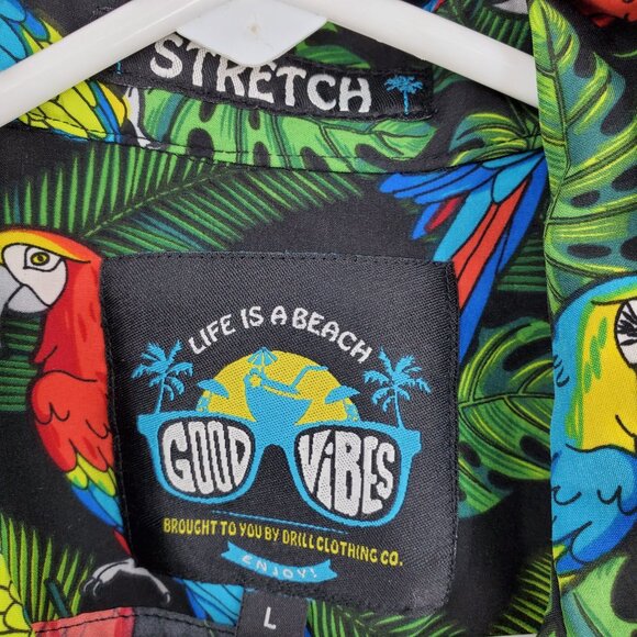 Good Vibes Drill Clothing Co Stretch Multicolor Parrot Hawaiian Button Shirt Lar - Picture 3 of 9